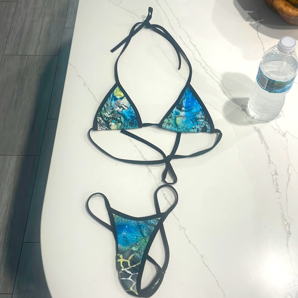 Sparkle multi color snake print thong bikini